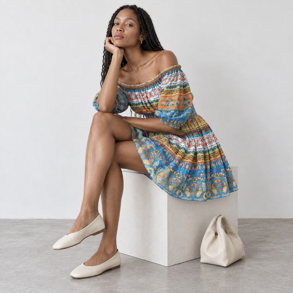 Shoshanna Solstice Cotton Off-Shoulder Multicolor Mini Dress, size XS